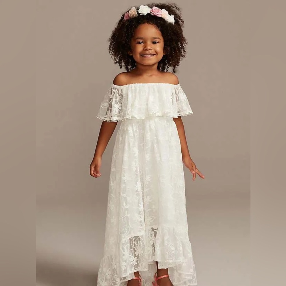 David’s Bridal White Lace Off-Shoulder Dress for Girls Size 8 - Picture 1 of 12